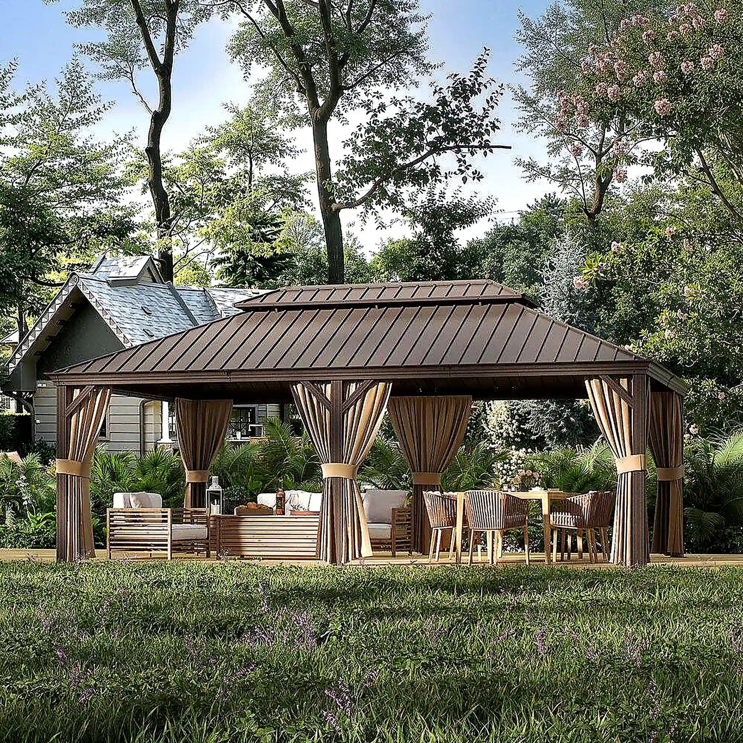 14 Ft. X 22 Ft. Double Galvanized Steel Roof Aluminum Frame Outdoor Patio Hardtop Gazeb with Netting and Curtains
