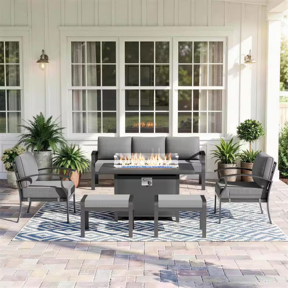 5-Piece Aluminum Outdoor Patio Conversation Set with Armrest, 55000 BTU Propane Firepit Table and Gray Cushions