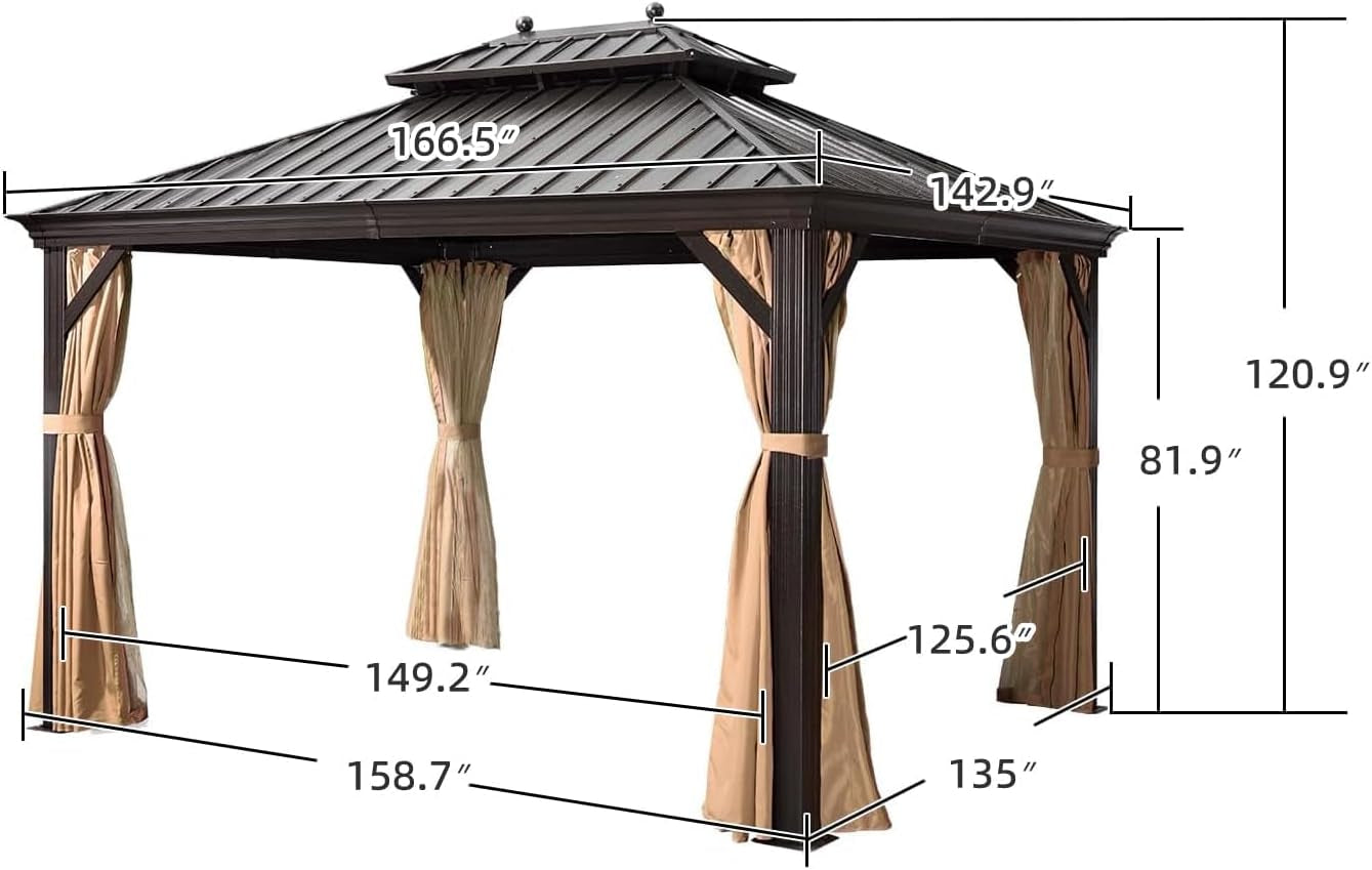 Outdoor Hardtop Gazebo 12' X 14' Bronze Metal 4.7" Wide Frame | Solid Steel Construction, Built-In Drainage Keeps Dry, Vented Roof Cooler Below, Netting & Curtains, Permanent Heavy Duty