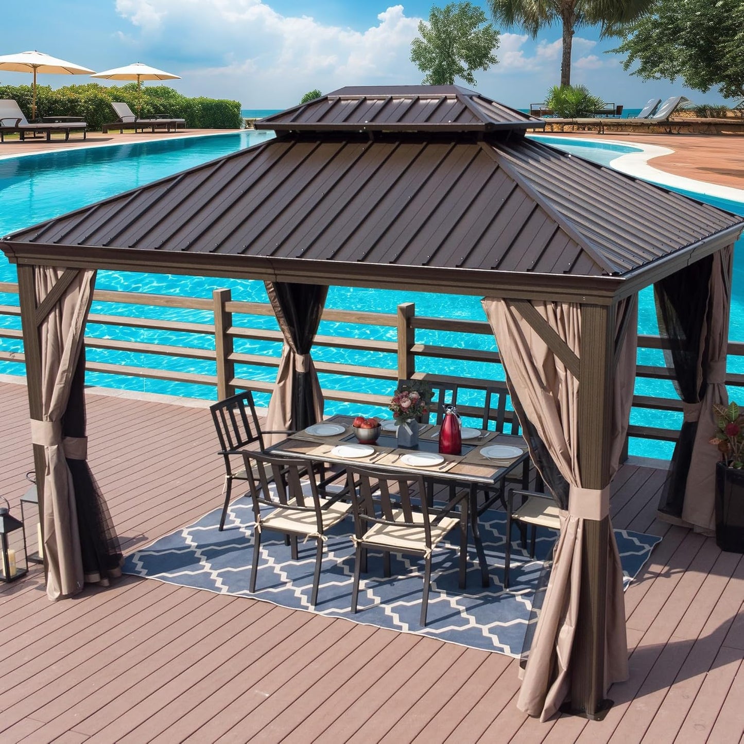Alexander 10' X 12' Hardtop Gazebo, Aluminum Frame | Galvanized Steel Double Roof, Outdoor Permanent Pavilion with Curtains and Netting for Patio, Backyard, Brown