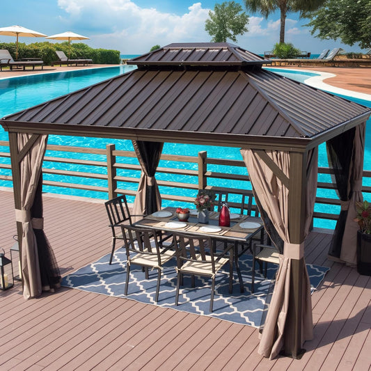 Alexander 10' X 12' Hardtop Gazebo, Aluminum Frame | Galvanized Steel Double Roof, Outdoor Permanent Pavilion with Curtains and Netting for Patio, Backyard, Brown