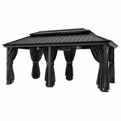 12×20 Hardtop Gazebo with Metal Roof, Heavy Duty Galvanized Steel Gazebo with Reinforced Aluminum Frame, Flame-Resistant Curtain