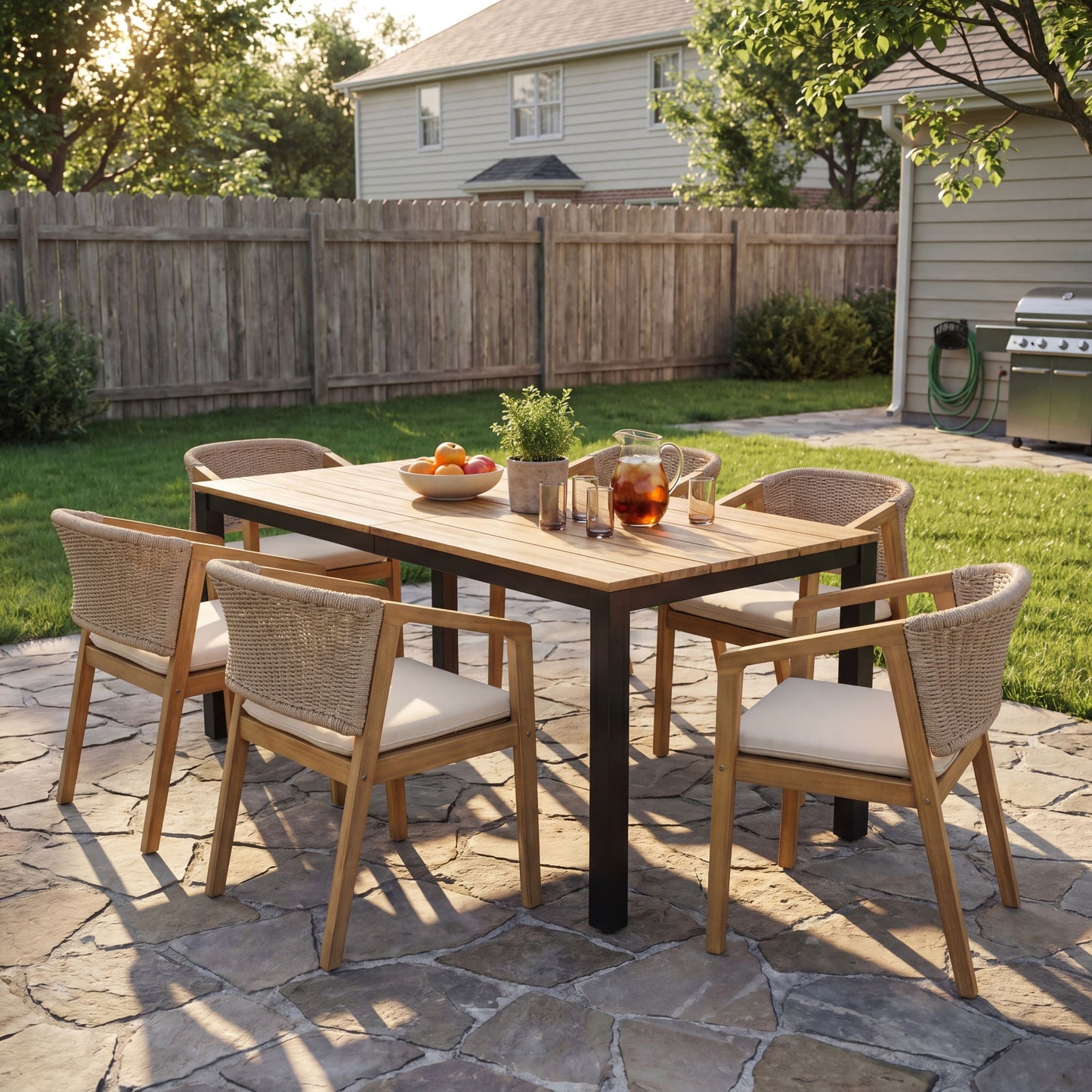 7-Piece Outdoor Dining Set, Acacia Wood Table & 6 Rope Chairs