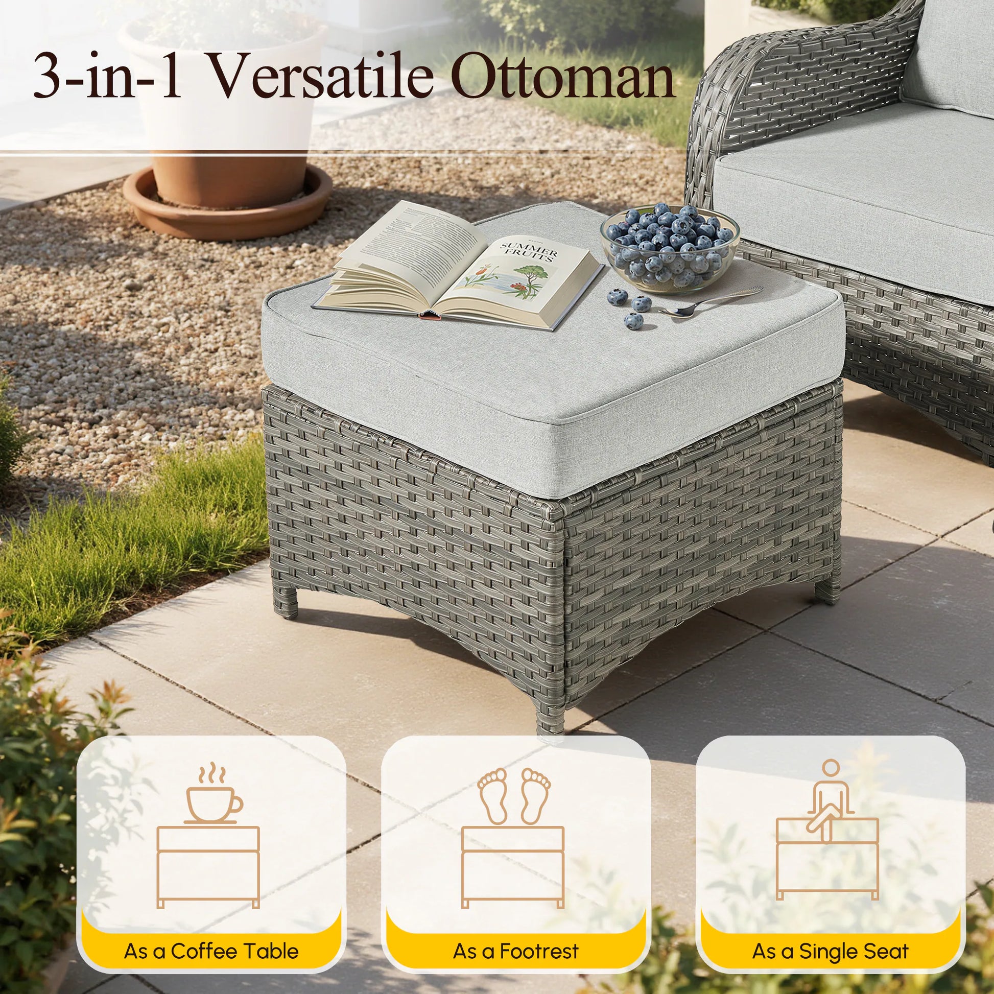 7 -Piece Wicker Patio Conversation Set with Gray Cushions Included