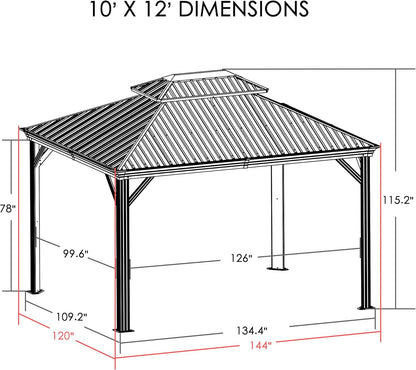 Alexander 10' X 12' Hardtop Gazebo, Aluminum Frame | Galvanized Steel Double Roof, Outdoor Permanent Pavilion with Curtains and Netting for Patio, Backyard, Brown