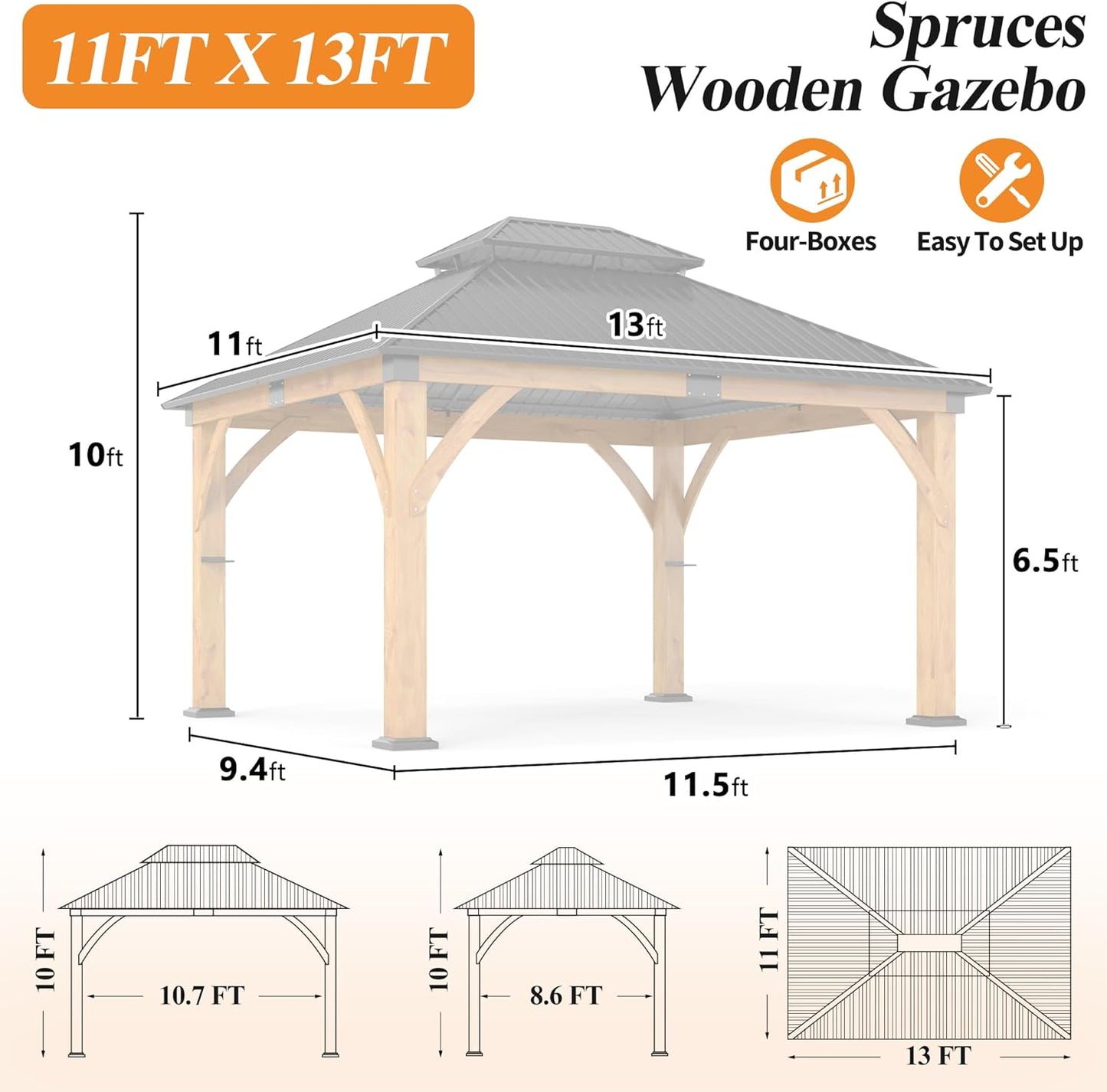 11’X 13’ Outdoor Spruce Wood Gazebo | Patio Hardtop Gazebo Permanent Wooden Pavilion with 2 Shelves, Galvanized Steel Double Roof Wooden Gazebos for Garden, Porch