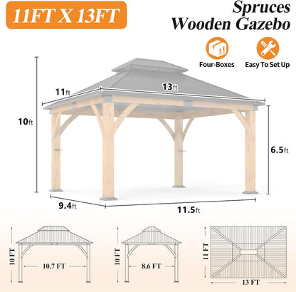 11’X 13’ Outdoor Spruce Wood Gazebo | Patio Hardtop Gazebo Permanent Wooden Pavilion with 2 Shelves, Galvanized Steel Double Roof Wooden Gazebos for Garden, Porch