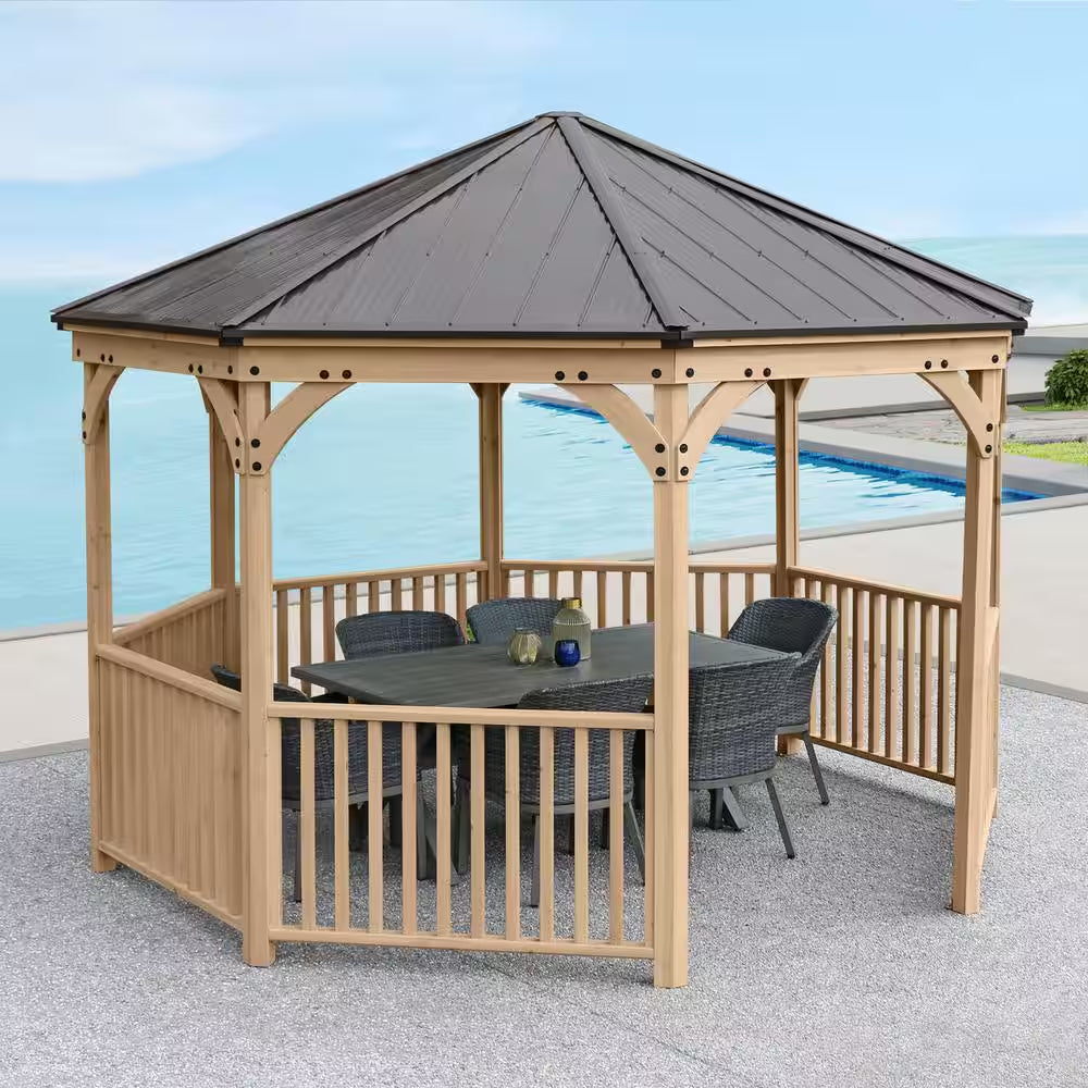 Wood Outdoor Patio Gazebo Hardtop Metal Roof Guard Rail