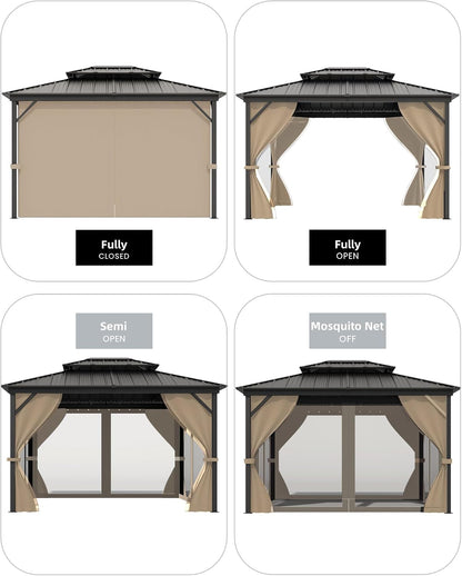 10X14 Ft Hardtop Gazebos with Heavy Duty Double Roof, Nettings and Curtains Galvanized Steel Outdoor Gazebos for Patio, Backyard, Deck, Lawn