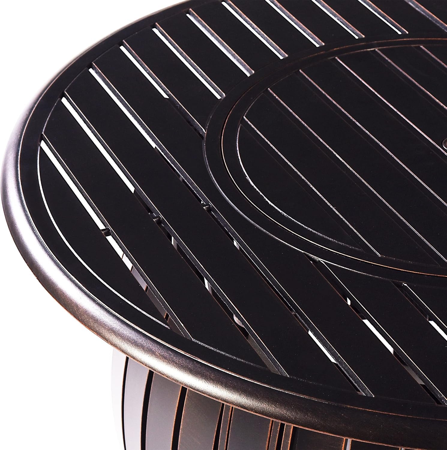 Aluminum 57,0000 BTU 44 In. round Propane Black Fire Pit Table with Fire Beads, Lid, Propane Tank Cover and Table Fabric Covers in Copper Finish