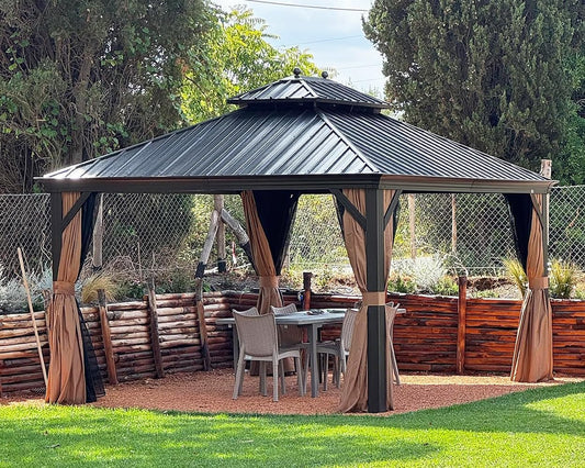 Outdoor Hardtop Gazebo 12' X 14' Bronze Metal 4.7" Wide Frame | Solid Steel Construction, Built-In Drainage Keeps Dry, Vented Roof Cooler Below, Netting & Curtains, Permanent Heavy Duty