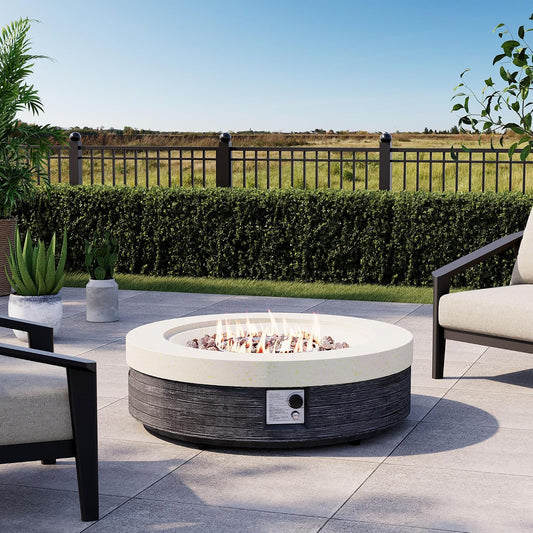 42" Outdoor Propane Fire Pit Table round Gas Fire Pit Table with Concrete & Wood Grain Design, 50000BTU Electronic Ignition Fire Tables for Patio, Backyard, Garden Heating