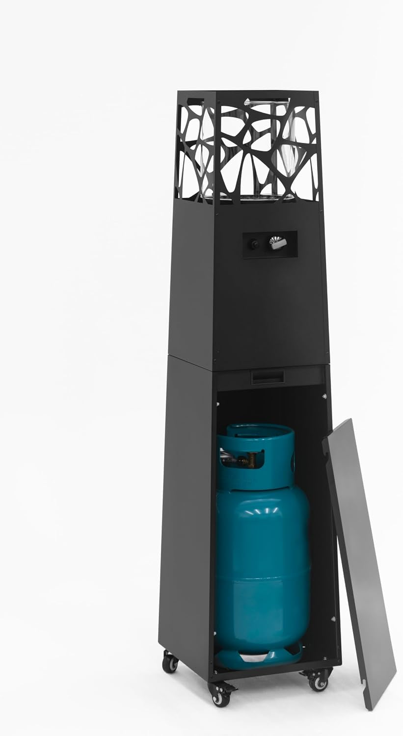 Pyramid Propane Patio Heater, 28,000 BTU Outdoor Gas Fireplace with 360° Glass Flame & Wheels, Tip-Over Safety, Cover & Regulator Included for Patio, Garden & Restaurant (Black)