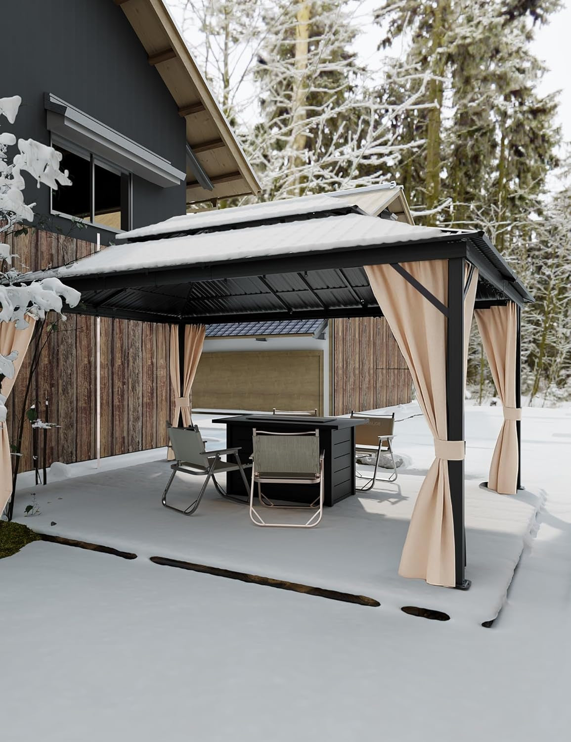 10X14 Ft Hardtop Gazebos with Heavy Duty Double Roof, Nettings and Curtains Galvanized Steel Outdoor Gazebos for Patio, Backyard, Deck, Lawn