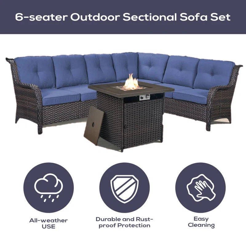 Benigni 139'' Wide Outdoor Wicker L-Shaped Patio Sectional with Fire Pit with Cushions