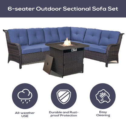 Benigni 139'' Wide Outdoor Wicker L-Shaped Patio Sectional with Fire Pit with Cushions