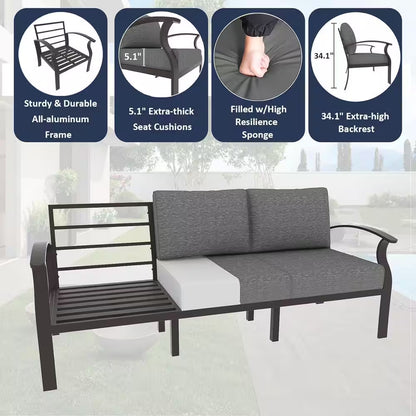5-Piece Aluminum Outdoor Patio Conversation Set with Armrest, 55000 BTU Propane Firepit Table and Gray Cushions