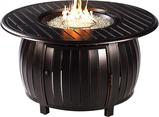Aluminum 57,0000 BTU 44 In. round Propane Black Fire Pit Table with Fire Beads, Lid, Propane Tank Cover and Table Fabric Covers in Copper Finish