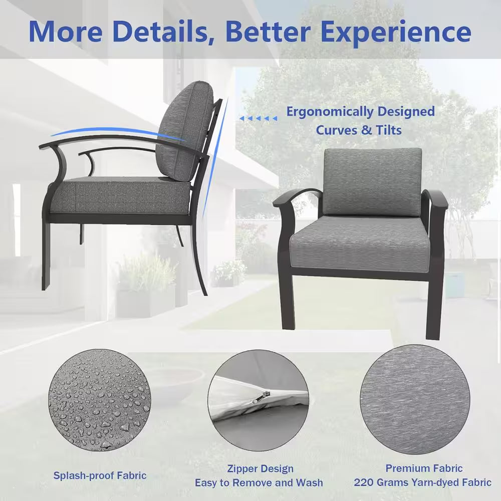 5-Piece Aluminum Outdoor Patio Conversation Set with Armrest, 55000 BTU Propane Firepit Table and Gray Cushions