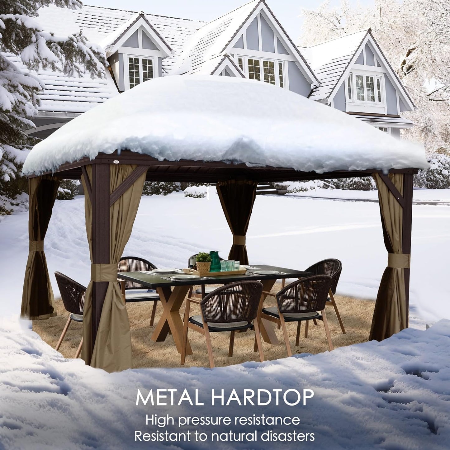 Alexander 10' X 12' Hardtop Gazebo, Aluminum Frame | Galvanized Steel Double Roof, Outdoor Permanent Pavilion with Curtains and Netting for Patio, Backyard, Brown