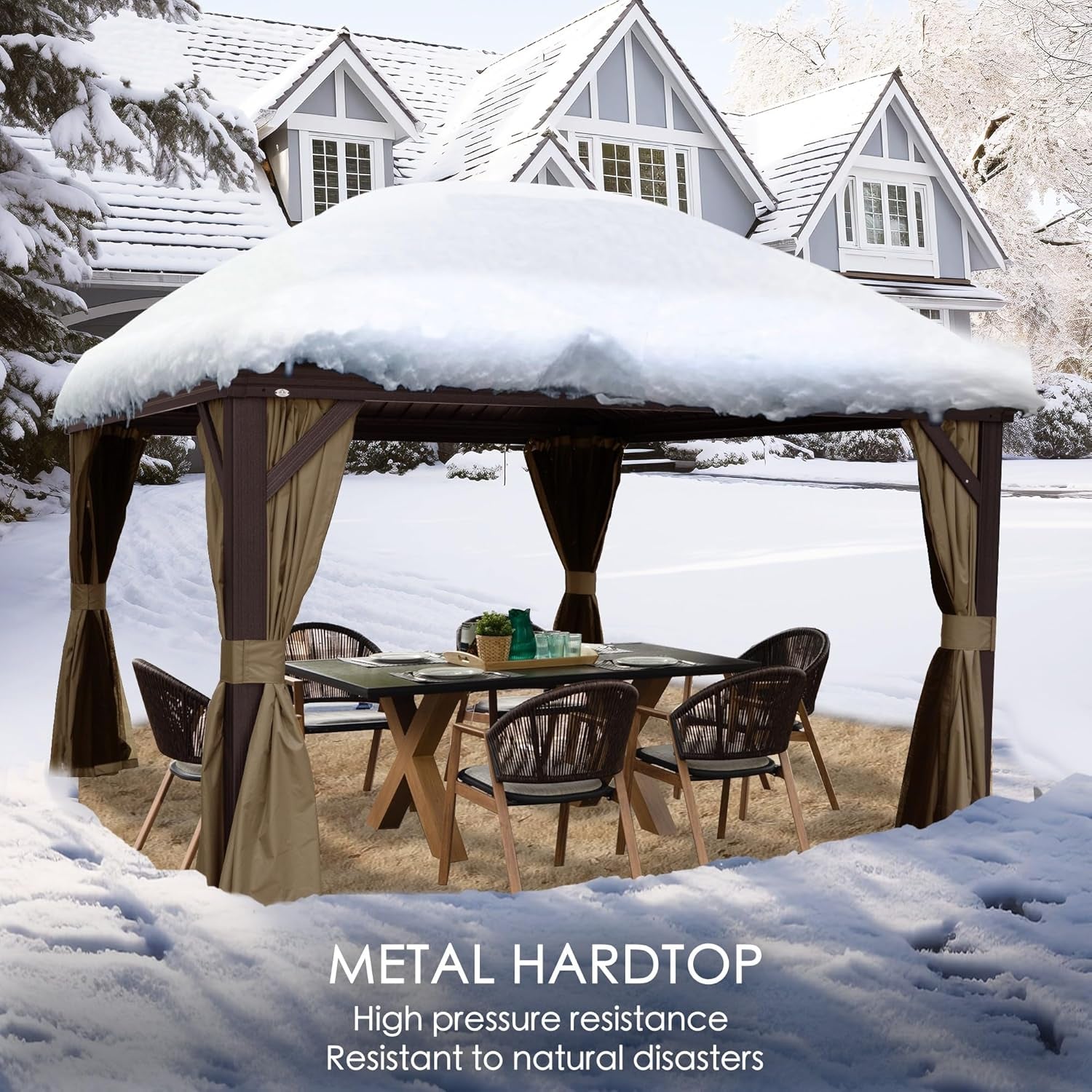 Alexander 10' X 12' Hardtop Gazebo, Aluminum Frame | Galvanized Steel Double Roof, Outdoor Permanent Pavilion with Curtains and Netting for Patio, Backyard, Brown