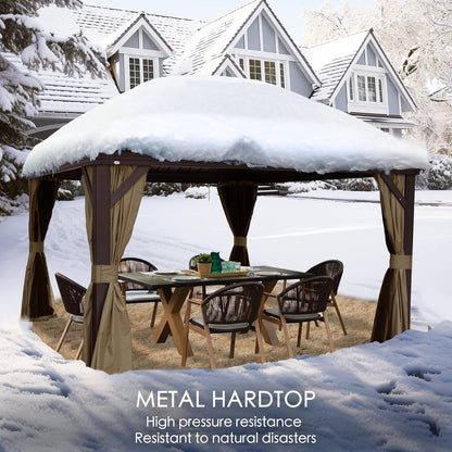 Alexander 10' X 12' Hardtop Gazebo, Aluminum Frame | Galvanized Steel Double Roof, Outdoor Permanent Pavilion with Curtains and Netting for Patio, Backyard, Brown