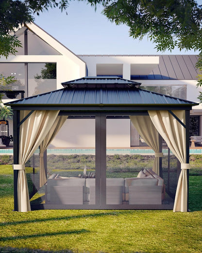 10X14 Ft Hardtop Gazebos with Heavy Duty Double Roof, Nettings and Curtains Galvanized Steel Outdoor Gazebos for Patio, Backyard, Deck, Lawn