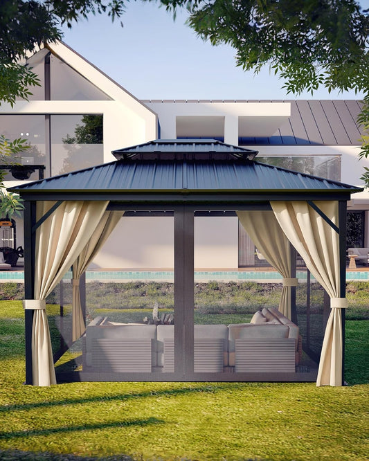 10X14 Ft Hardtop Gazebos with Heavy Duty Double Roof, Nettings and Curtains Galvanized Steel Outdoor Gazebos for Patio, Backyard, Deck, Lawn