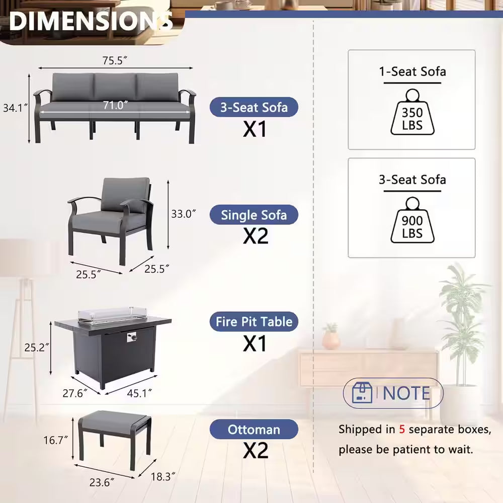 5-Piece Aluminum Outdoor Patio Conversation Set with Armrest, 55000 BTU Propane Firepit Table and Gray Cushions