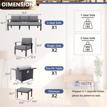 5-Piece Aluminum Outdoor Patio Conversation Set with Armrest, 55000 BTU Propane Firepit Table and Gray Cushions