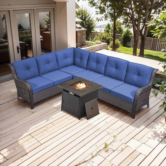 Benigni 139'' Wide Outdoor Wicker L-Shaped Patio Sectional with Fire Pit with Cushions