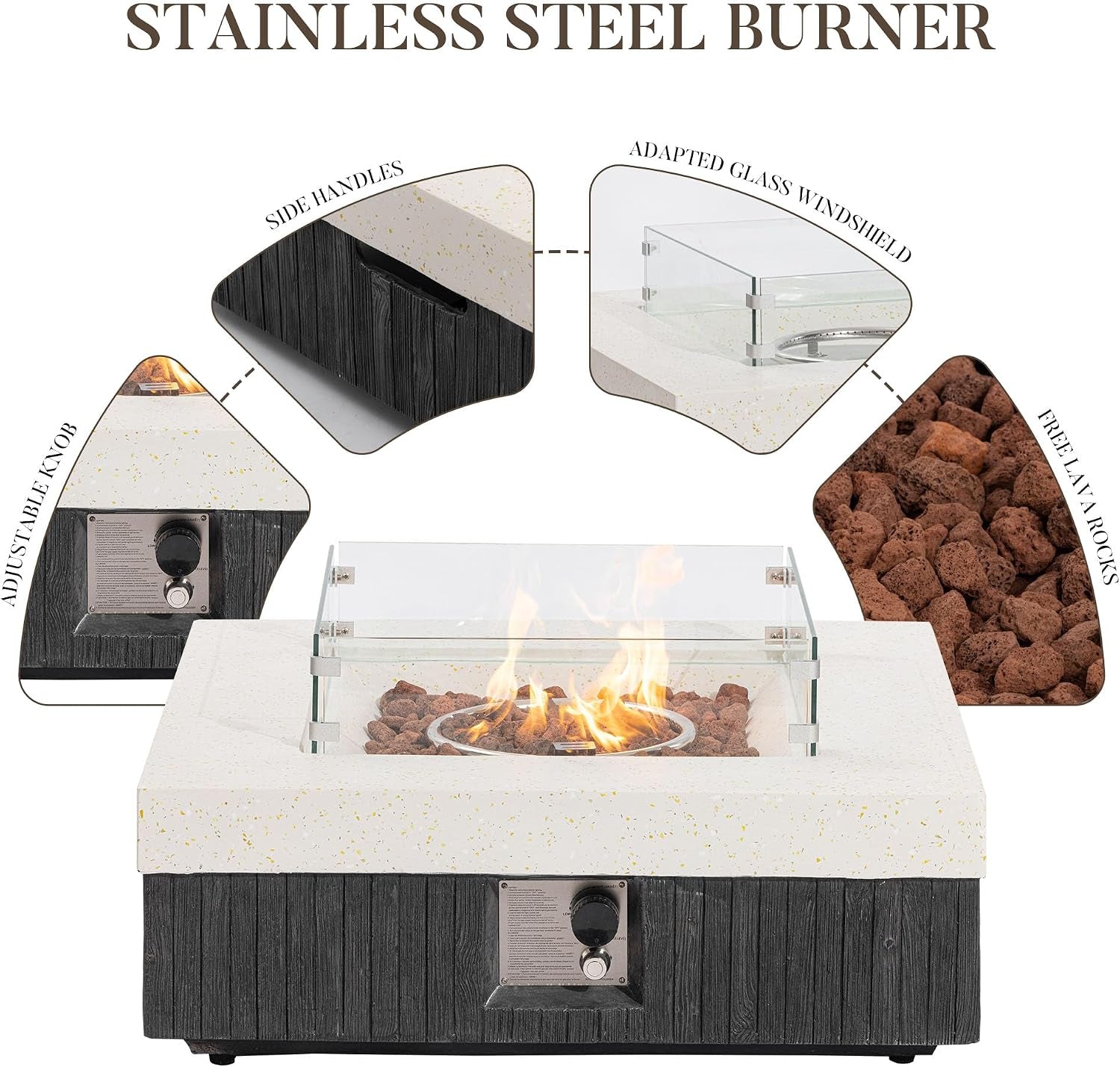 35" Outdoor Propane Fire Pit Table W Tank Cover & Wind Guard, Square Gas Fire Pit Table with Concrete & Wood Grain Design, 50000BTU Fire Tables for Patio, Backyard, Garden