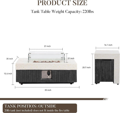 35" Outdoor Propane Fire Pit Table W Tank Cover & Wind Guard, Square Gas Fire Pit Table with Concrete & Wood Grain Design, 50000BTU Fire Tables for Patio, Backyard, Garden
