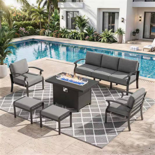 5-Piece Aluminum Outdoor Patio Conversation Set with Armrest, 55000 BTU Propane Firepit Table and Gray Cushions