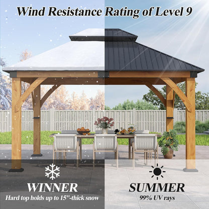 11’X 13’ Outdoor Spruce Wood Gazebo | Patio Hardtop Gazebo Permanent Wooden Pavilion with 2 Shelves, Galvanized Steel Double Roof Wooden Gazebos for Garden, Porch