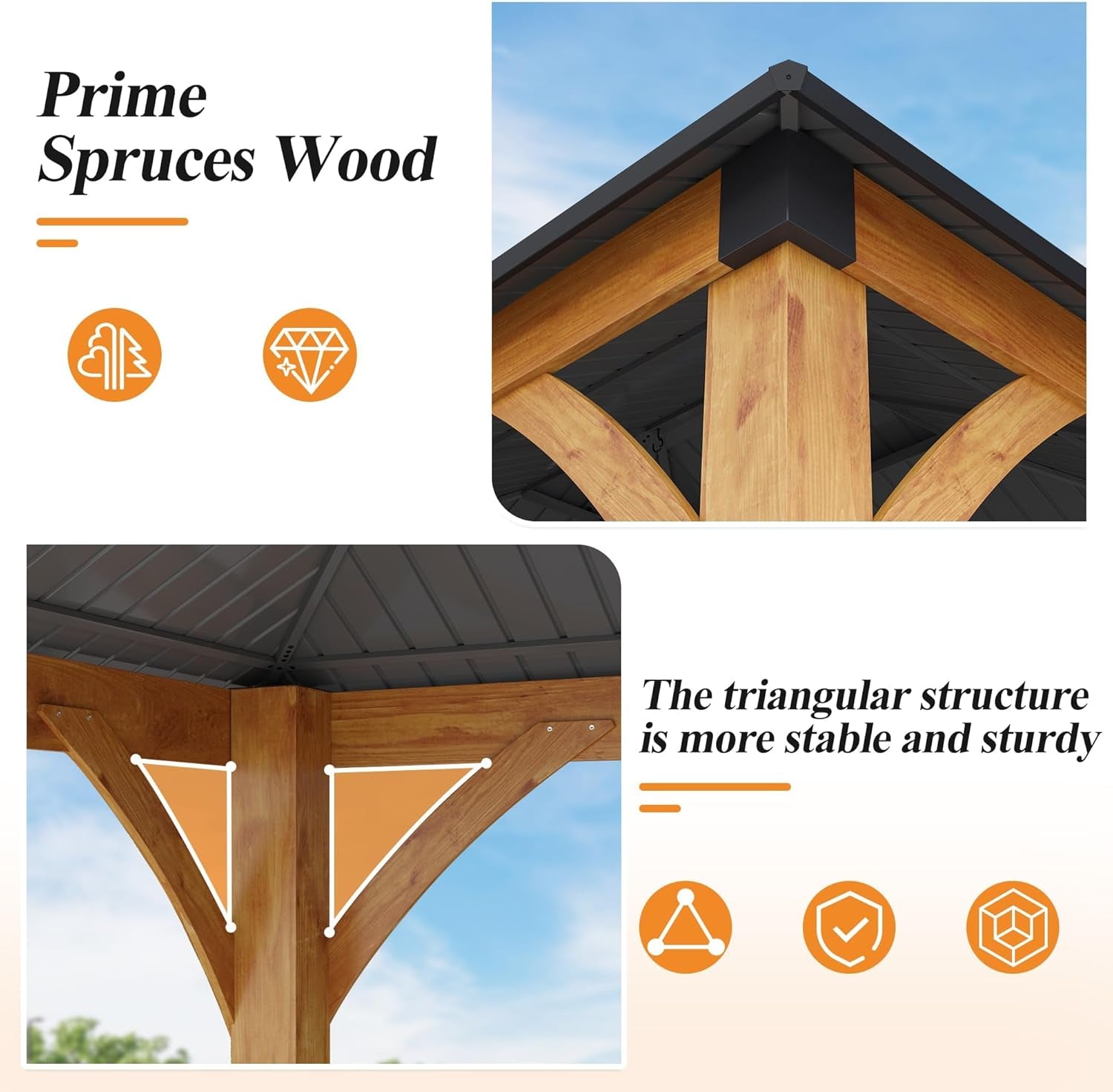 11’X 13’ Outdoor Spruce Wood Gazebo | Patio Hardtop Gazebo Permanent Wooden Pavilion with 2 Shelves, Galvanized Steel Double Roof Wooden Gazebos for Garden, Porch