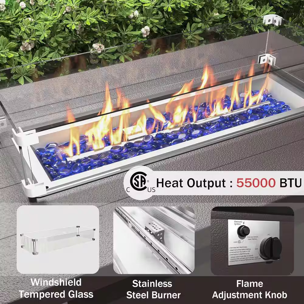 5-Piece Aluminum Outdoor Patio Conversation Set with Armrest, 55000 BTU Propane Firepit Table and Gray Cushions