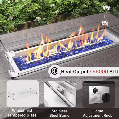 5-Piece Aluminum Outdoor Patio Conversation Set with Armrest, 55000 BTU Propane Firepit Table and Gray Cushions