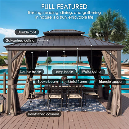 Alexander 10' X 12' Hardtop Gazebo, Aluminum Frame | Galvanized Steel Double Roof, Outdoor Permanent Pavilion with Curtains and Netting for Patio, Backyard, Brown