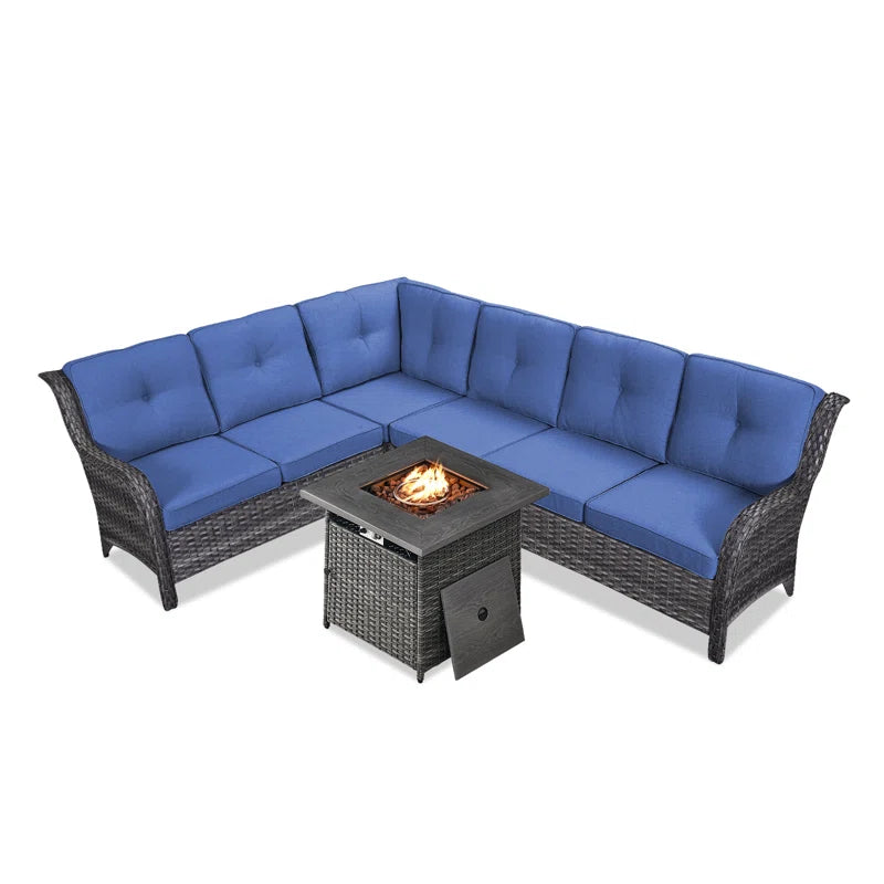 Benigni 139'' Wide Outdoor Wicker L-Shaped Patio Sectional with Fire Pit with Cushions