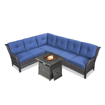 Benigni 139'' Wide Outdoor Wicker L-Shaped Patio Sectional with Fire Pit with Cushions