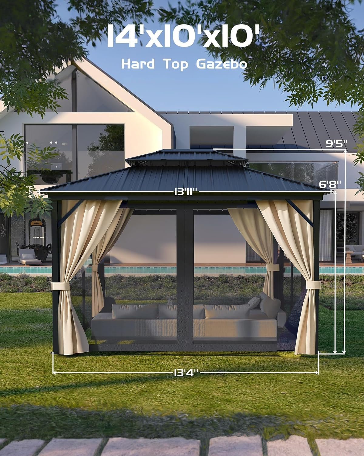 10X14 Ft Hardtop Gazebos with Heavy Duty Double Roof, Nettings and Curtains Galvanized Steel Outdoor Gazebos for Patio, Backyard, Deck, Lawn