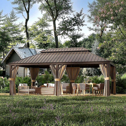 14 Ft. X 22 Ft. Double Galvanized Steel Roof Aluminum Frame Outdoor Patio Hardtop Gazeb with Netting and Curtains