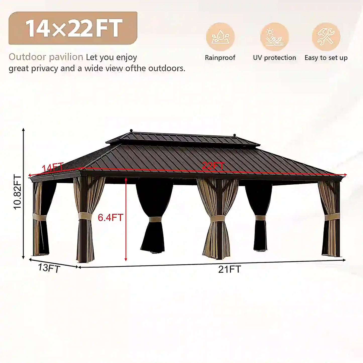 14 Ft. X 22 Ft. Double Galvanized Steel Roof Aluminum Frame Outdoor Patio Hardtop Gazeb with Netting and Curtains