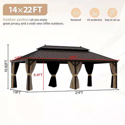 14 Ft. X 22 Ft. Double Galvanized Steel Roof Aluminum Frame Outdoor Patio Hardtop Gazeb with Netting and Curtains
