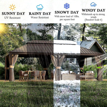14 Ft. X 22 Ft. Double Galvanized Steel Roof Aluminum Frame Outdoor Patio Hardtop Gazeb with Netting and Curtains