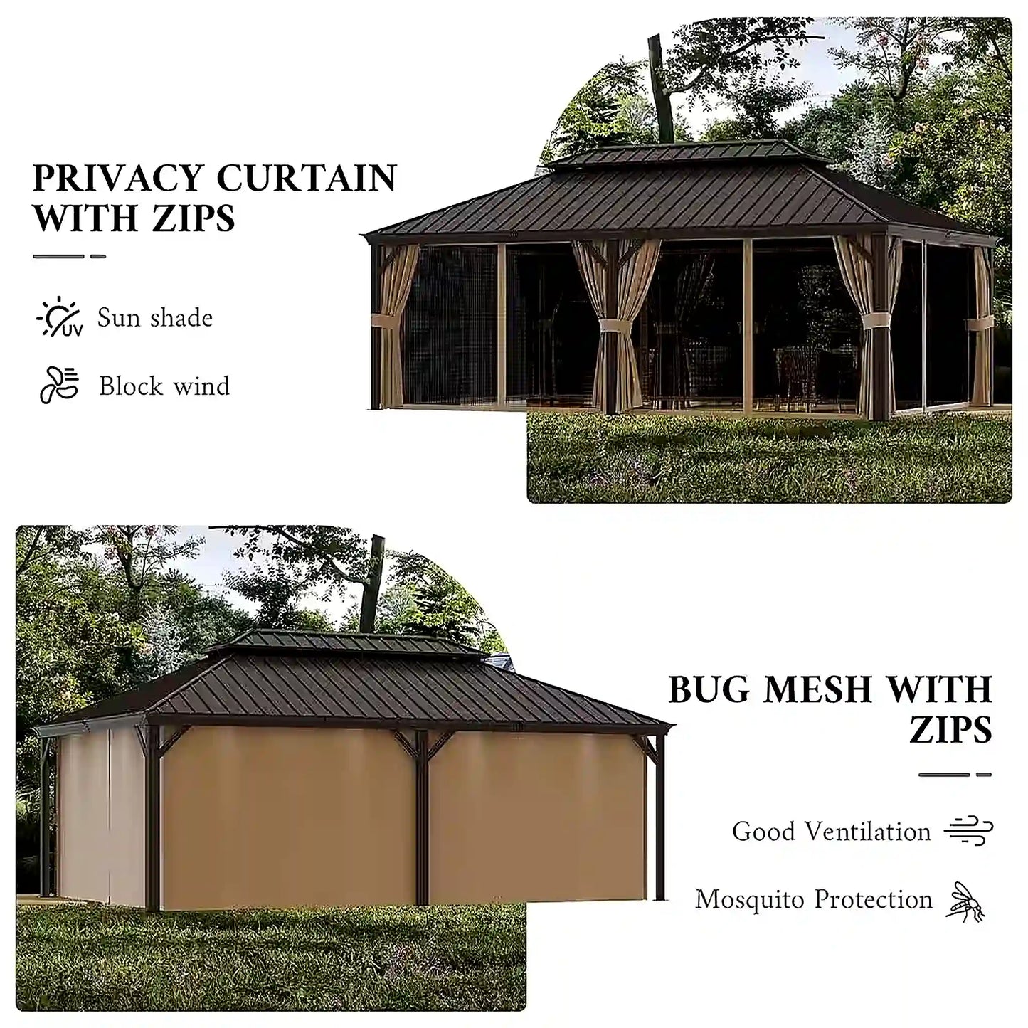 14 Ft. X 22 Ft. Double Galvanized Steel Roof Aluminum Frame Outdoor Patio Hardtop Gazeb with Netting and Curtains