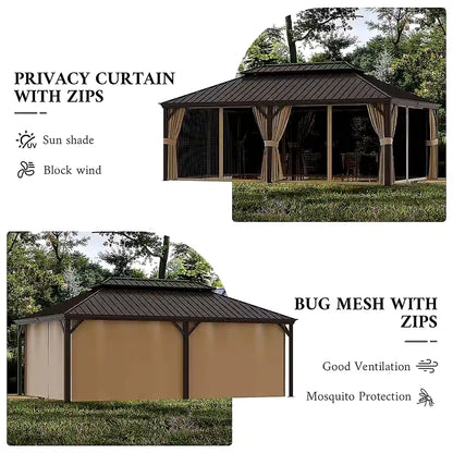 14 Ft. X 22 Ft. Double Galvanized Steel Roof Aluminum Frame Outdoor Patio Hardtop Gazeb with Netting and Curtains