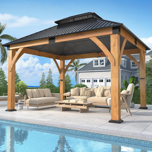 11’X 13’ Outdoor Spruce Wood Gazebo | Patio Hardtop Gazebo Permanent Wooden Pavilion with 2 Shelves, Galvanized Steel Double Roof Wooden Gazebos for Garden, Porch