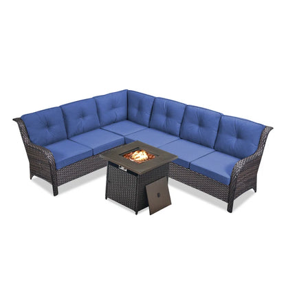 Benigni 139'' Wide Outdoor Wicker L-Shaped Patio Sectional with Fire Pit with Cushions